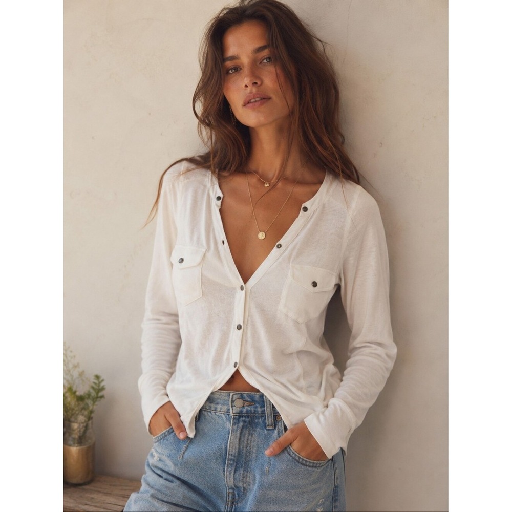 Free People We The Free Ivory Snap Front Henley Top Small Boho Thermal Cotton
